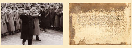 Retro photo and inscription on the reverse side of the photo in Russian Babkin Rudolf Petrovich. In memory of the meeting of the GSVG garrison with NS Khrushchev. 01.22.1963.のeditorial素材