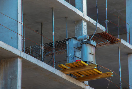 Construction formwork, reinforcement for the construction of buildings. Workers make a concrete structure.の写真素材