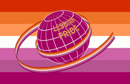Lesbian Pride flag symbol icon. Illustration. The ground, painted in the colors of the flag, is wrapped in a ribbon with the official flag of the LGBT community.のイラスト素材