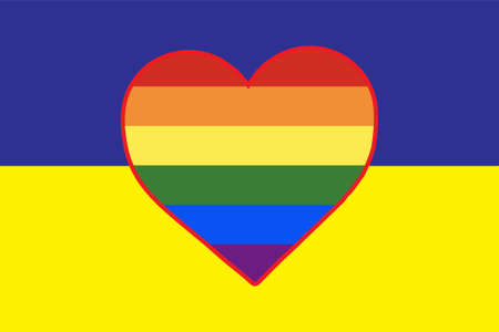 Heart painted in the colors of the flag of the LGBT community on the flag of Ukraine. Illustration of a rainbow heart on a blue-yellow background.のイラスト素材