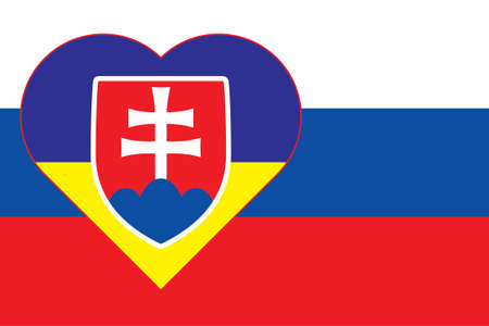A heart painted in the colors of the flag of Ukraine on the flag of Slovakia. Illustration of a blue and yellow heart on the national symbol.のイラスト素材
