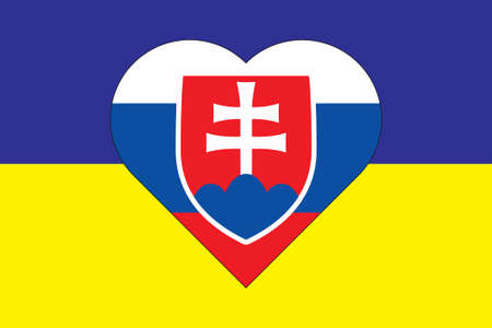 Heart painted in the colors of the flag of Slovakia on the flag of Ukraine. Illustration of a heart with the national symbol of Slovakia on a blue-yellow background.のイラスト素材