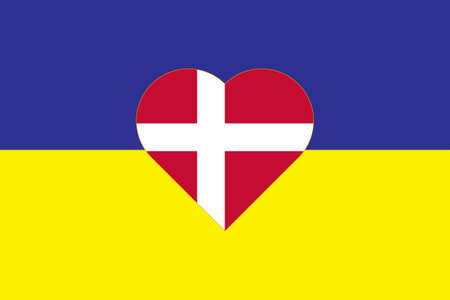 Heart painted in the colors of the flag of Denmark on the flag of Ukraine. Vector illustration of a heart with the national symbol of Denmark on a blue-yellow background.のイラスト素材