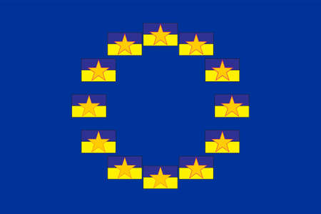 Flag of Ukraine on the background of the European Union flag.Ukraine and EU concept. Illustration.のイラスト素材