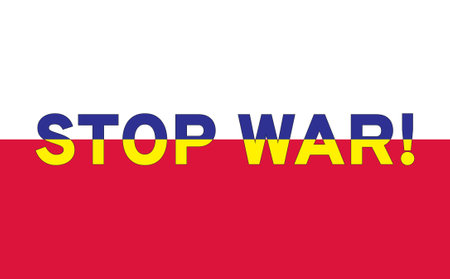 stop war. The inscription on the flag of Poland. The letters are painted in the colors of the Ukrainian flag. Illustration.のイラスト素材