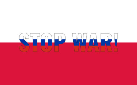 stop war. The inscription on the flag of Poland. The letters are painted in the colors of the Russian flag. Illustration.のイラスト素材