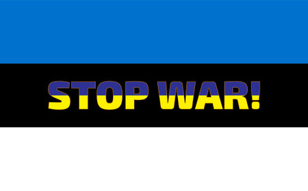 stop war. The inscription on the flag of Estonia. The letters are painted in the colors of the Ukrainian flag. Illustration.のイラスト素材