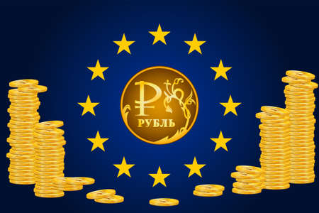 Illustration of coins with euro sign and ruble sign. The concept of the financial crisis in the world from the situation in Ukraine.の写真素材
