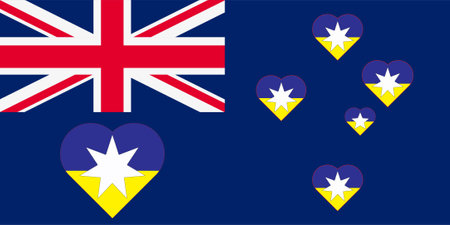 Hearts painted in the colors of the flag of Ukraine on the flag of Australia. Illustration of blue and yellow hearts on the blue background of the flag of Australia.のイラスト素材