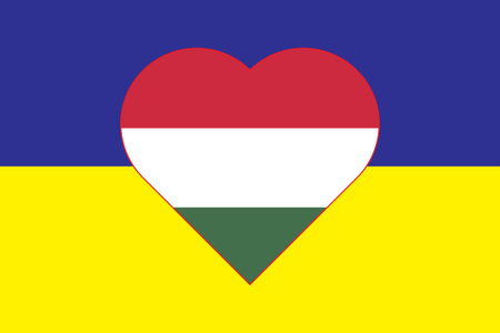 Heart painted in the colors of the flag of Hungary on the flag of Ukraine. Vector illustration of a heart with the national symbol of Hungary on a blue-yellow background.のイラスト素材