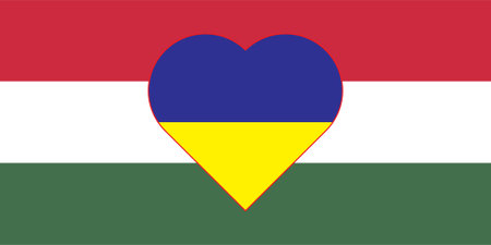 A heart painted in the colors of the flag of Ukraine on the flag of Hungary. Vector illustration of a blue and yellow heart on the national symbol.のイラスト素材