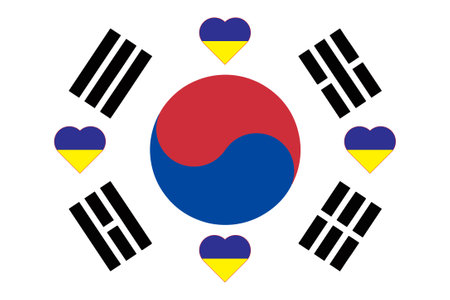 A heart painted in the colors of the flag of Ukraine on the flag of South Korea. Illustration of a blue and yellow heart on the national symbol.のイラスト素材