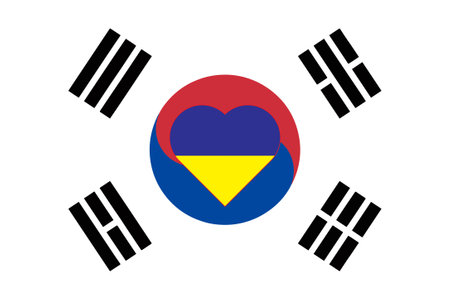 A heart painted in the colors of the flag of Ukraine on the flag of South Korea. Illustration of a blue and yellow heart on the national symbol.のイラスト素材