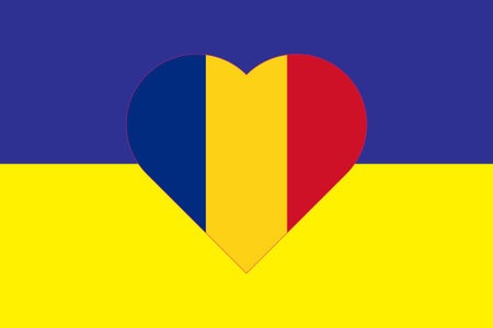 Heart painted in the colors of the flag of Romania on the flag of Ukraine. Illustration of a heart with the national symbol of Romania on a blue-yellow background.のイラスト素材