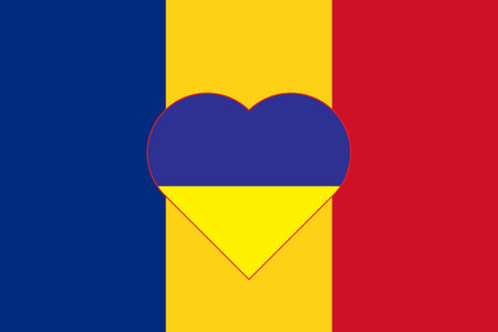 A heart painted in the colors of the flag of Ukraine on the flag of Romania. Illustration of a blue and yellow heart on the national symbol.のイラスト素材