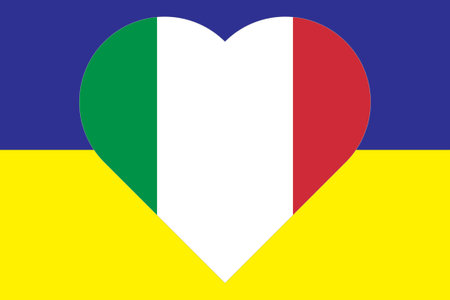 Heart painted in the colors of the flag of Italy on the flag of Ukraine. Illustration of a heart with the national symbol of Italy on a blue-yellow background.のイラスト素材
