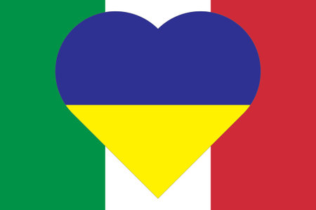 A heart painted in the colors of the flag of Ukraine on the flag of Italy. Illustration of a blue and yellow heart on the national symbol.のイラスト素材