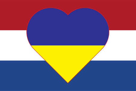 A heart painted in the colors of the flag of Ukraine on the flag of the Netherlands. Illustration of a blue and yellow heart on the national symbol.のイラスト素材
