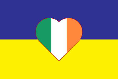 Heart painted in the colors of the flag of Ireland on the flag of Ukraine. Illustration of a heart with the national symbol of Ireland on a blue-yellow background.のイラスト素材