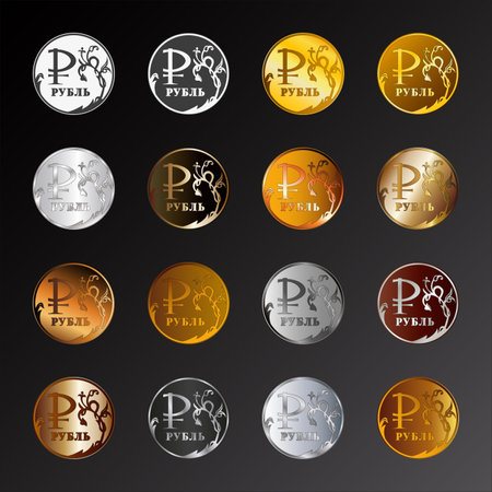A set of golden-silver badges similar to ruble coins. Illustration.のイラスト素材