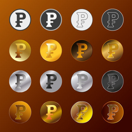 A set of golden-silver badges similar to ruble coins. Illustration.のイラスト素材