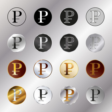 A set of golden-silver badges similar to ruble coins. Illustration.のイラスト素材