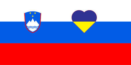 A heart painted in the colors of the flag of Ukraine on the flag of Slovenia. Illustration of a blue and yellow heart on the national symbol.のイラスト素材