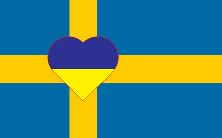 A heart painted in the colors of the flag of Ukraine on the flag of Sweden. Illustration of a blue and yellow heart on the national symbol.のイラスト素材