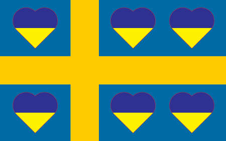 A heart painted in the colors of the flag of Ukraine on the flag of Sweden. Illustration of a blue and yellow heart on the national symbol.のイラスト素材