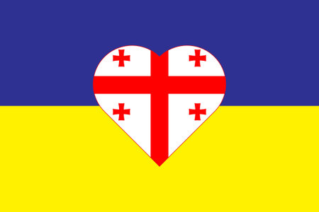 Heart painted in the colors of the flag of Georgia on the flag of Ukraine. Illustration of a heart with the national symbol of Georgia on a blue-yellow background.のイラスト素材