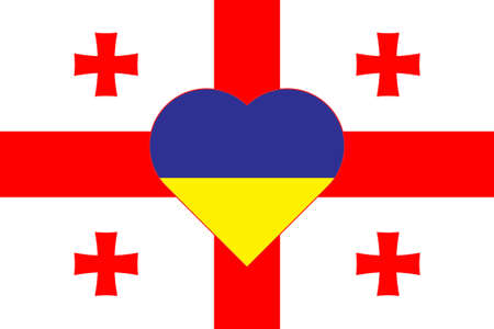 A heart painted in the colors of the flag of Ukraine on the flag of Georgia. Illustration of a blue and yellow heart on the national symbol.のイラスト素材