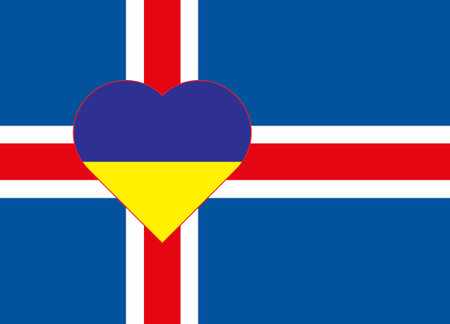 A heart painted in the colors of the flag of Ukraine on the flag of Iceland. Illustration of a blue and yellow heart on the national symbol.のイラスト素材