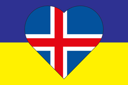 Heart painted in the colors of the flag of Iceland on the flag of Ukraine. Illustration of a heart with the national symbol of Iceland on a blue-yellow background.のイラスト素材