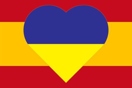 A heart painted in the colors of the flag of Ukraine on the flag of Spain. Illustration of a blue and yellow heart on the national symbol.のイラスト素材