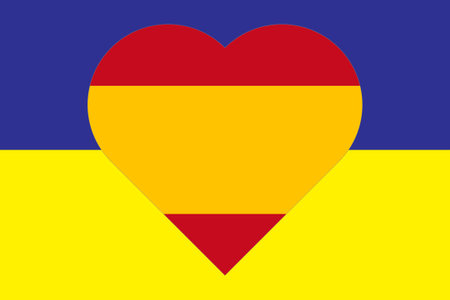 Heart painted in the colors of the flag of Spain on the flag of Ukraine. Illustration of a heart with the national symbol of Spain on a blue-yellow background.のイラスト素材