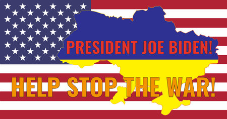 The national flag in the outline map of Ukraine on the USA flag. The inscription in English President Biden! Help stop the war! Illustration.のイラスト素材