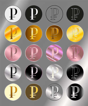 A set of golden-silver badges similar to ruble coins. Illustration.のイラスト素材