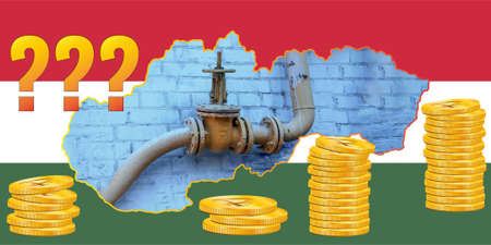 Outline map of Hungary with a gas cock on the flag of Hungary. A stack of similar coins to the Russian ruble and a question mark. Collage.の写真素材
