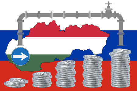 Outline map of Hungary with the national flag and a gas cock on the Russian flag. Stack of coins similar to Russian ruble and arrow sign.Illustration.の写真素材