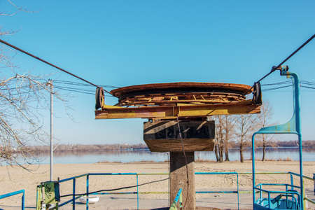 Old cable car in Dnepropetrovsk. Cableway equipment and mechanisms.の写真素材
