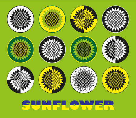 Sunflower icons set. Illustration. The inscription sunflower in the colors of the flag of Ukraine.のイラスト素材