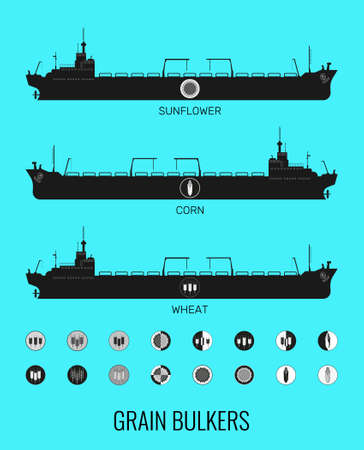 Icon set of bulk carriers for transportation of bulk cereals and icons of grain, corn, sunflower. Constructor for designer. Illustrationのイラスト素材