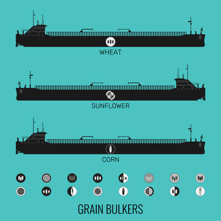 Icon set of bulk carriers for transportation of bulk cereals and icons of grain, corn, sunflower. Constructor for designer. Illustrationのイラスト素材