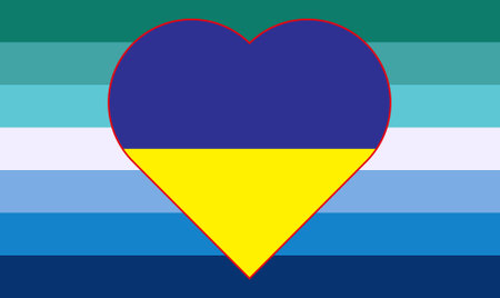 Illustration of the yellow-blue flag of Ukraine in the form of a heart on the male Transgender Flag of gay pride. Support for Ukraine.のイラスト素材