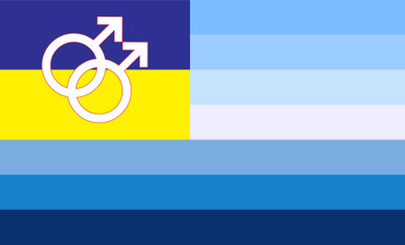 Illustration of the yellow-blue flag of Ukraine on the gay-lesbian Flag of gay pride. Support for Ukraine.のイラスト素材