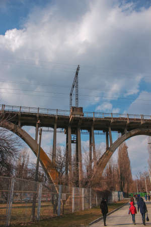 Structural elements of the old, built in the USSR, railway bridge across the Dnieper River.の写真素材