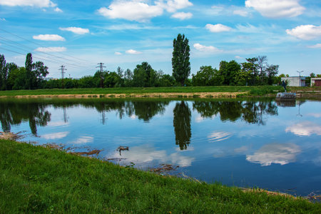 The river flows through the city. On the calm surface of the river banks are reflected. Slovak river Nitra on a bright sunny day.の写真素材