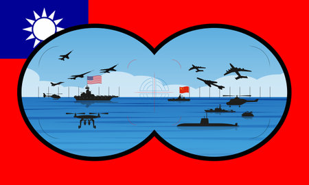 Illustration illustration of a possible conflict between the US and China off the coast of Taiwan in the South China Sea. Periscope view with the flag of Taiwan in the background.のイラスト素材