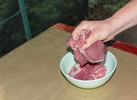 Women's hands prepare raw beef steaks for frying on the grill.の写真素材