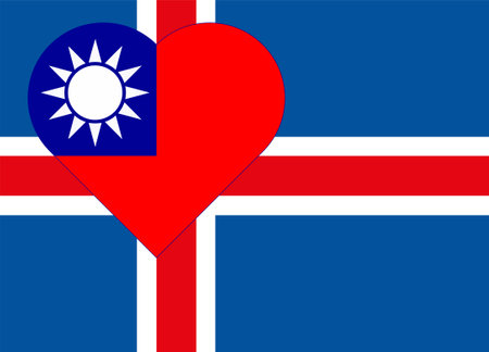 Flag of Taiwan in the form of a heart on the flag of Iceland. Allied support for Taiwan. Flat double flag - illustration.の写真素材